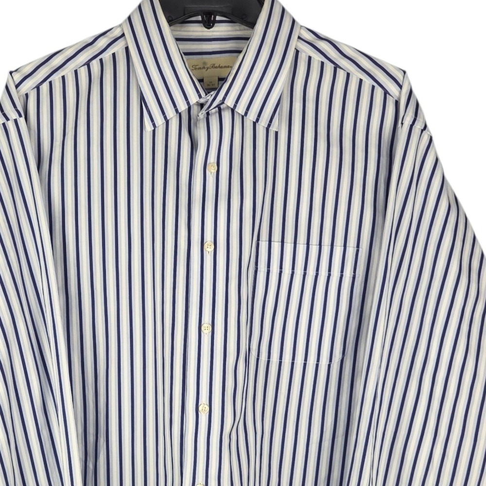 Tommy Bahama Button Down Shirt Mens 17 36/37 Blue White Stripe Long Sleeve